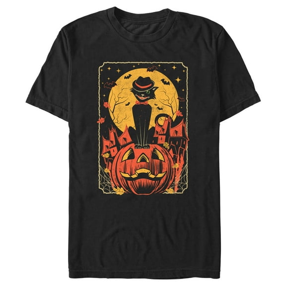 Men's Lost Gods Halloween Retro Cat Scene Graphic Tee Black Small