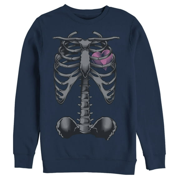 Men's Lost Gods Halloween Skeleton Rib Cage Heart Sweatshirt Navy Blue 3X Large