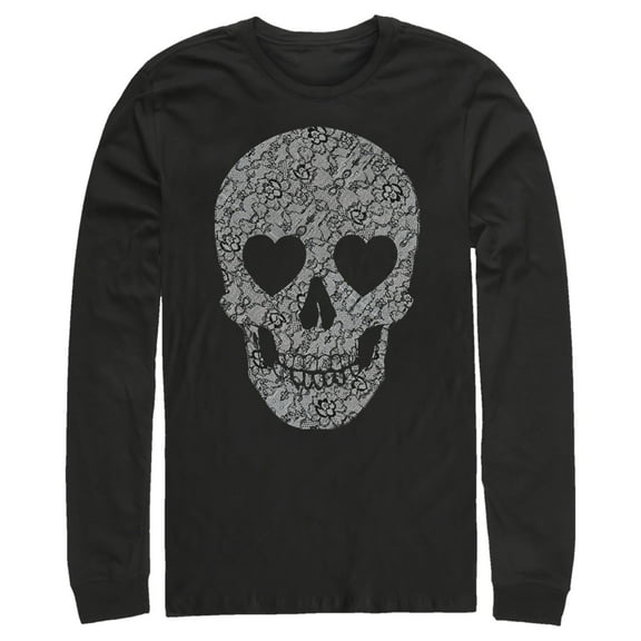 Men's Lost Gods Lace Print Heart Skull  Long Sleeve Shirt Black Medium