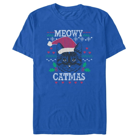 Men's Lost Gods Meowy Catmas Knit Graphic Tee Royal Blue Large