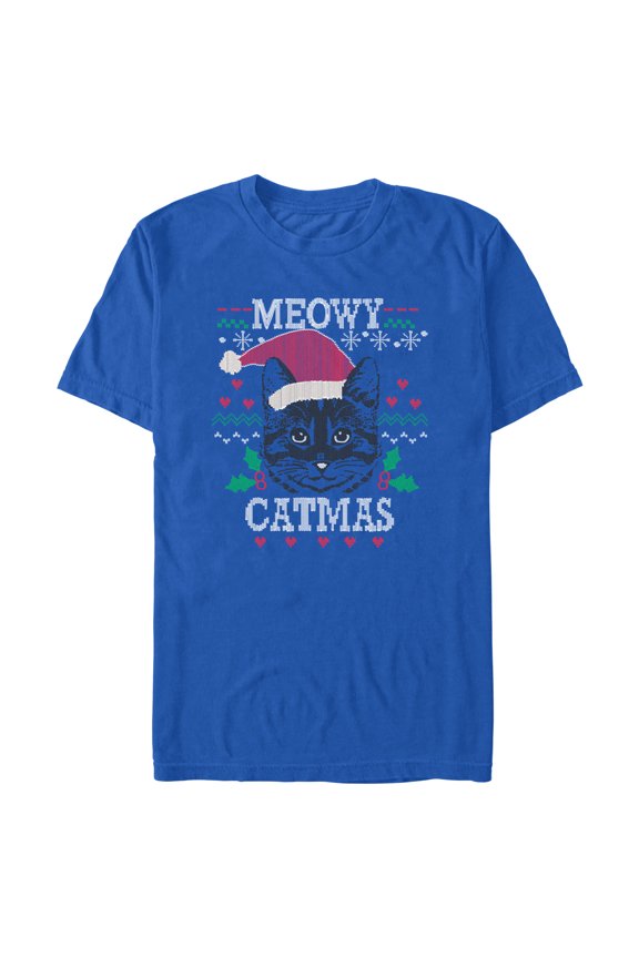 Men's Lost Gods Meowy Catmas Knit  Graphic Tee Royal Blue Small