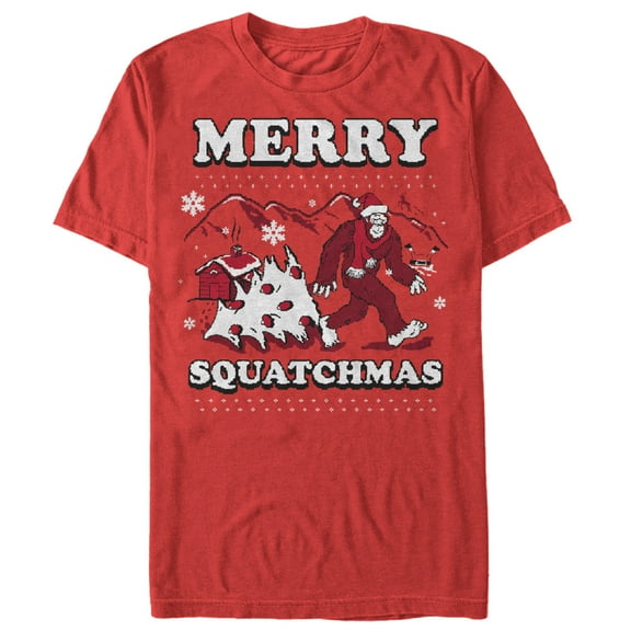 Men's Lost Gods Merry Christmas Big Foot Cartoon Graphic Tee Red 3X Large