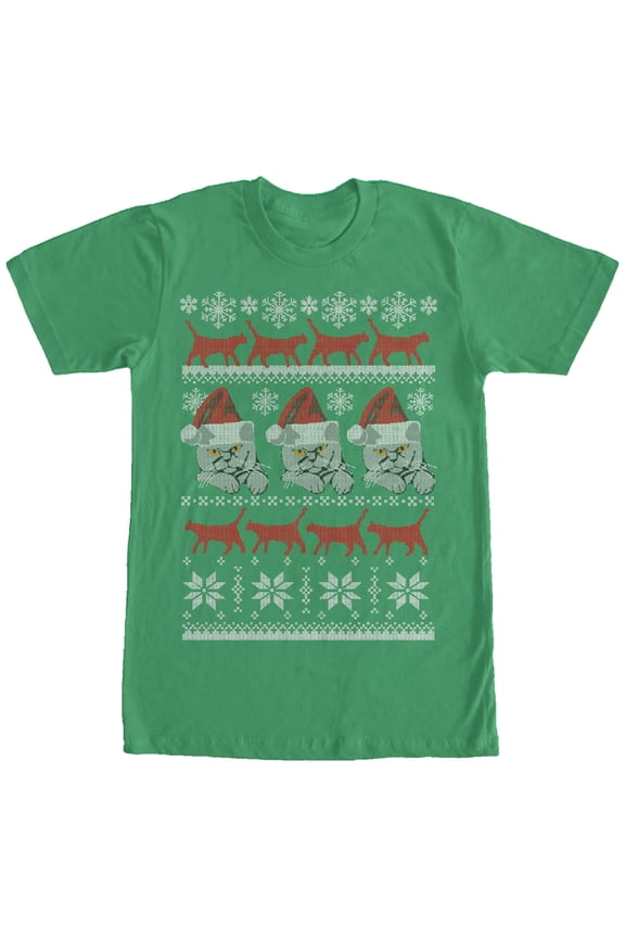 Men's Lost Gods Ugly Christmas Cat Print Graphic Tee Kelly Green X Large