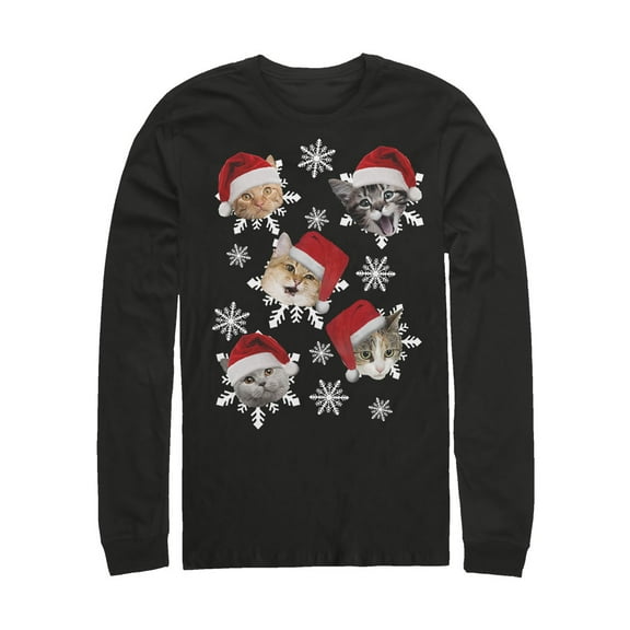 Men's Lost Gods Ugly Christmas Cat Snowflakes Long Sleeve Shirt Black Medium