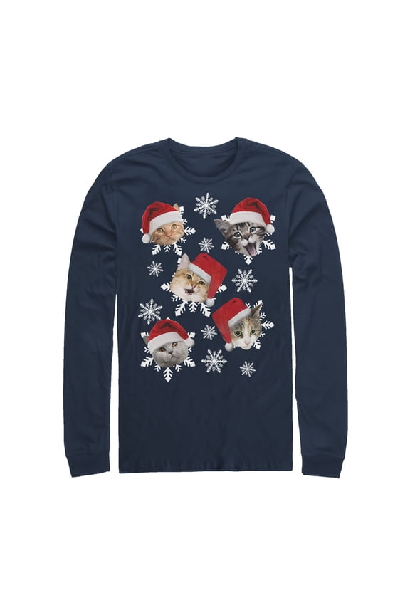 Men's Lost Gods Ugly Christmas Cat Snowflakes  Long Sleeve Shirt Navy Blue Medium