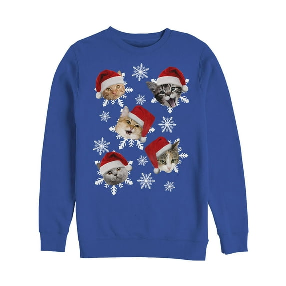 Men's Lost Gods Ugly Christmas Cat Snowflakes Sweatshirt Royal Blue Medium