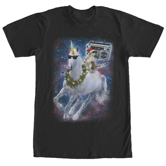Men's Lost Gods Ugly Christmas Cat Unicorn Space Song Graphic Tee Black 2X Large