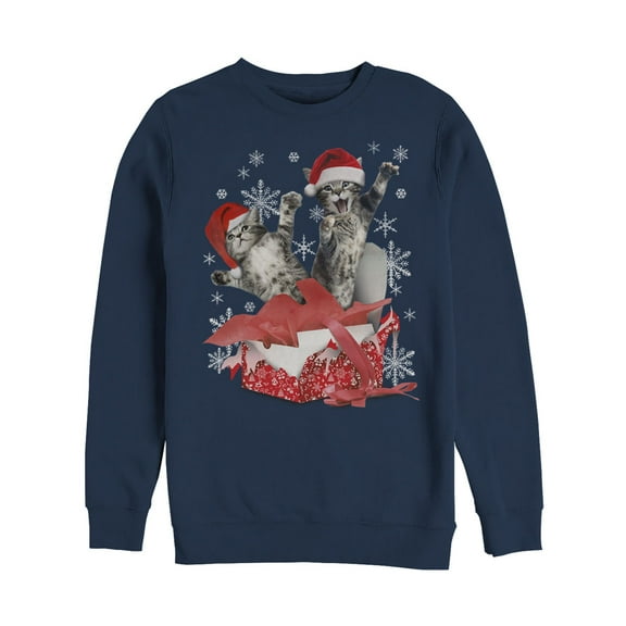 Men's Lost Gods Ugly Christmas Gift Surprise Kitten  Sweatshirt Navy Blue Small