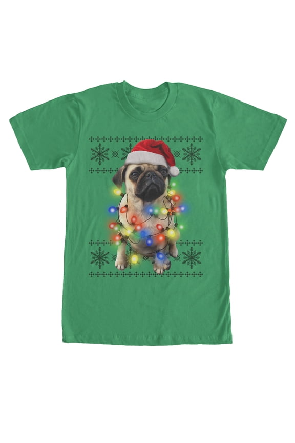 Men's Lost Gods Ugly Christmas Pug Lights Graphic Tee Kelly Green Medium