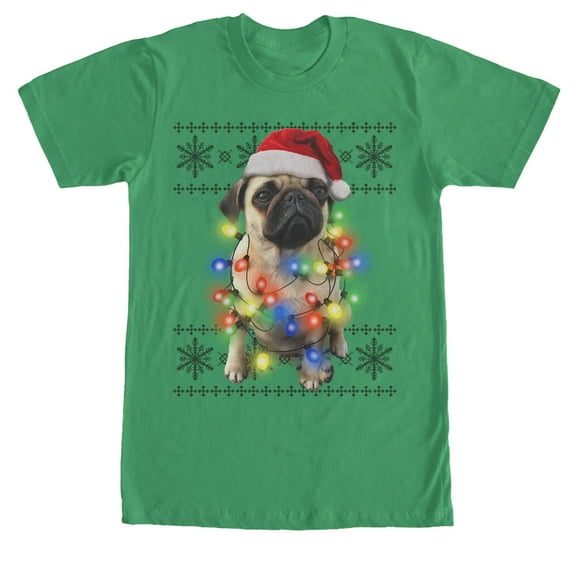 Men's Lost Gods Ugly Christmas Pug Lights  Graphic Tee Kelly Green X Large