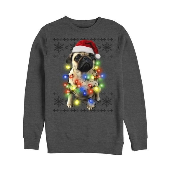 Men's Lost Gods Ugly Christmas Pug Lights  Sweatshirt Charcoal Heather Large
