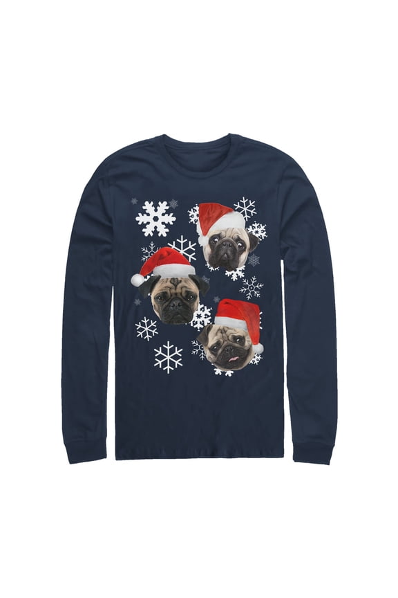 Men's Lost Gods Ugly Christmas Pug Long Sleeve Shirt Navy Blue Medium