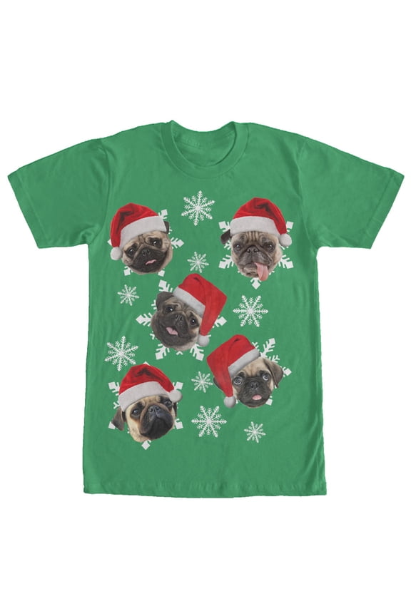 Men's Lost Gods Ugly Christmas Pug Snowflakes  Graphic Tee Kelly Green Small