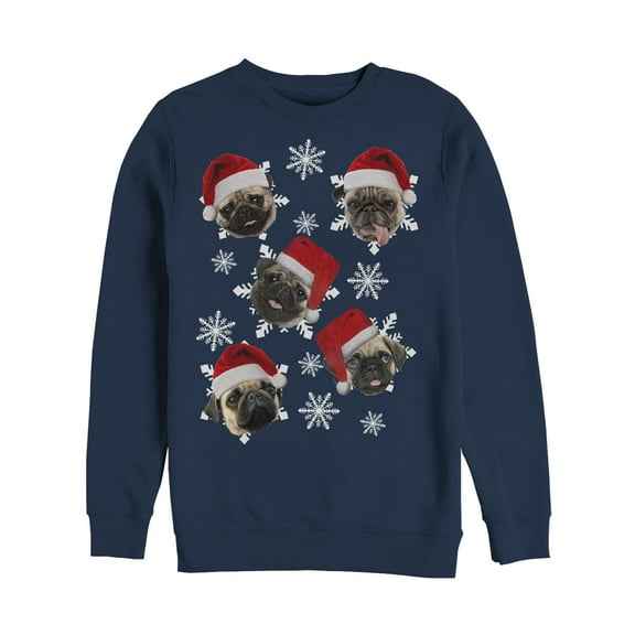 Men's Lost Gods Ugly Christmas Pug Snowflakes Sweatshirt Navy Blue 2X Large