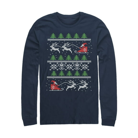 Men's Lost Gods Ugly Christmas Santa's Sled  Long Sleeve Shirt Navy Blue 2X Large
