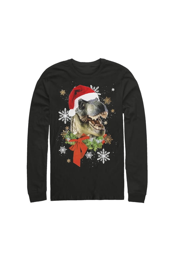 Men's Lost Gods Ugly Christmas T Rex Santa Long Sleeve Shirt Black X Large