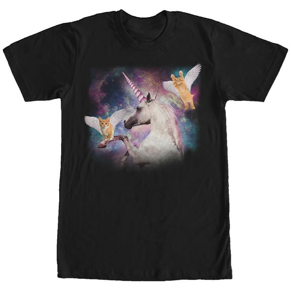 Men's Lost Gods Unicorn and Flying Cats in Space  Graphic Tee Black X Large