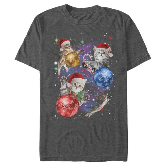 Men's Lost Gods Xmas Cats in Space Graphic Tee Charcoal Heather Large