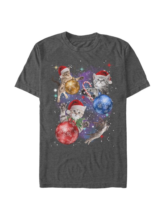 Men's Lost Gods Xmas Cats in Space Graphic Tee Charcoal Heather Large