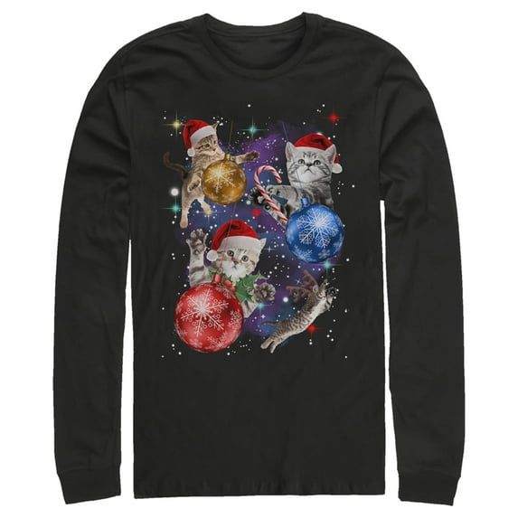 Men's Lost Gods Xmas Cats in Space Long Sleeve Shirt Black Small
