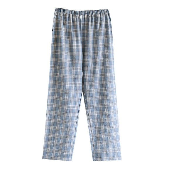 Men's Lounge Long Pants Casual Plaid Printed Pajama Trousers Loose Straight Wide Leg Trouser Breathable Elastic Waist Full Length Pants