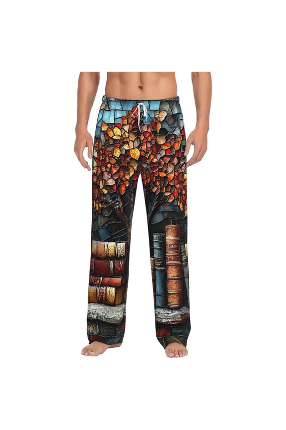 Men's Lounge Pajama Pants Bottoms Casual Loungewear, Books Lovers Stained Glass Art