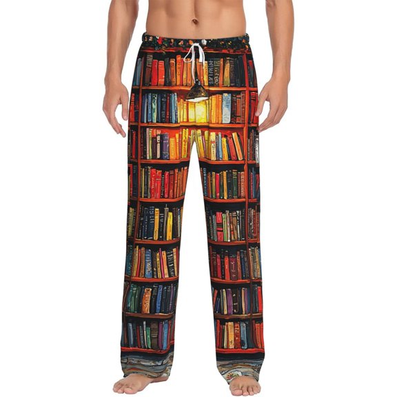 Men's Lounge Pajama Pants Bottoms Casual Loungewear, Bookshelf Library Patterns Art
