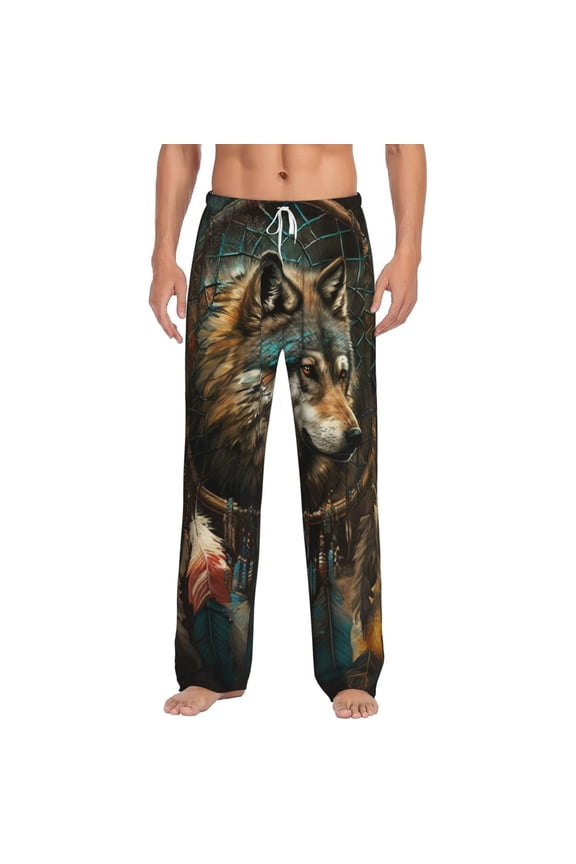 Men's Lounge Pajama Pants Bottoms Casual Loungewear, Indian Dream Wolf Vintage