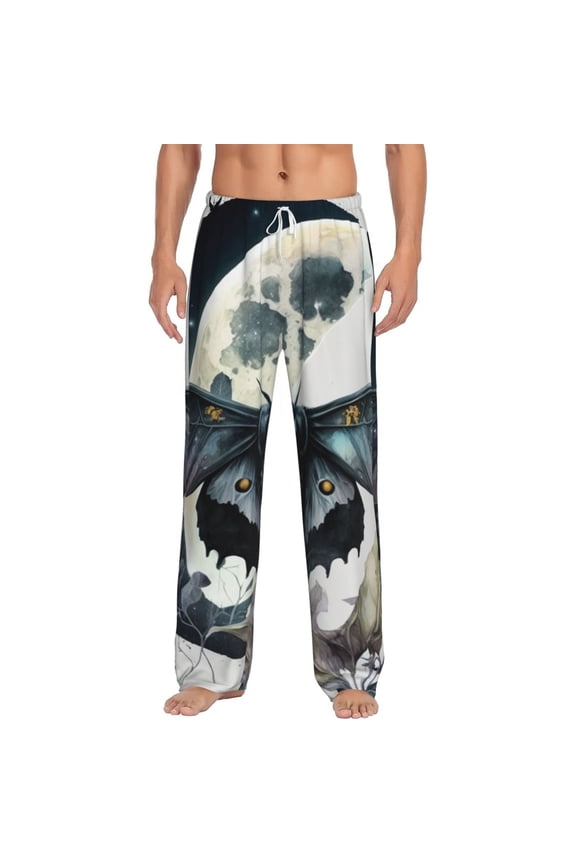 Men's Lounge Pajama Pants Bottoms Casual Loungewear, Raven Skull Moth Moon Black