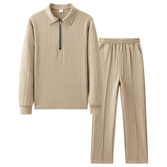 Men's Lounge Sets Knitted Collared Pullover Tops Quarter Zipper Sweatshirt Baggy Pants Textured Tracksuits 2 Pieces Outfits Khaki M