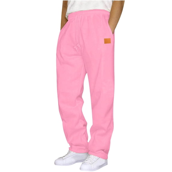 Men's Lounge Sweatpants Elastic Waist Drawstring Solid Straight Leg Trousers with Pockets for Outdoor Pink S