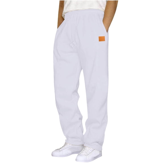 Men's Lounge Sweatpants Elastic Waist Drawstring Solid Straight Leg Trousers with Pockets for Outdoor White L