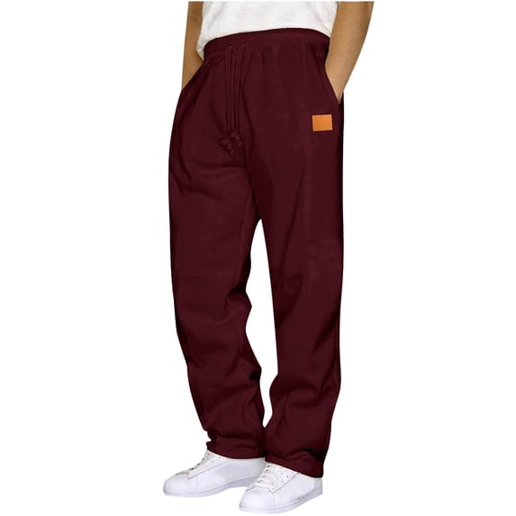 Men's Lounge Sweatpants Elastic Waist Drawstring Solid Straight Leg Trousers with Pockets for Outdoor Wine L