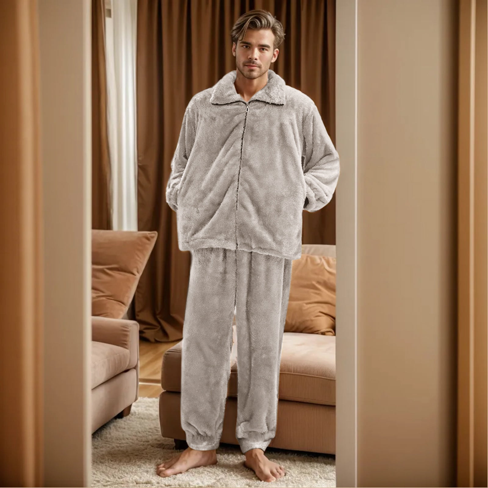 Men s Loungewear Men s Home Plush Pajamas And Pajamas Can Be Worn Out In Winter With Warm Pockets Set Walmart
