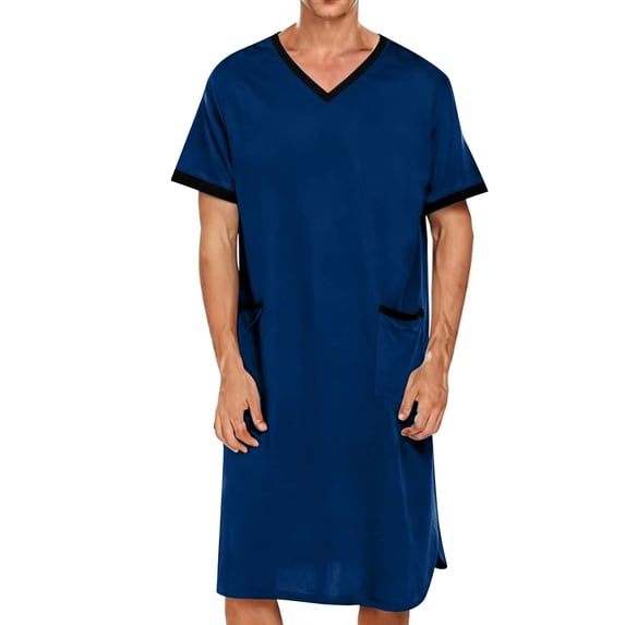 Men's Loungewear Robe Short Sleeve V-Neck Long Length with Pockets Lightweight Cotton Sleep Bathrobe Casual Home Wear Blue