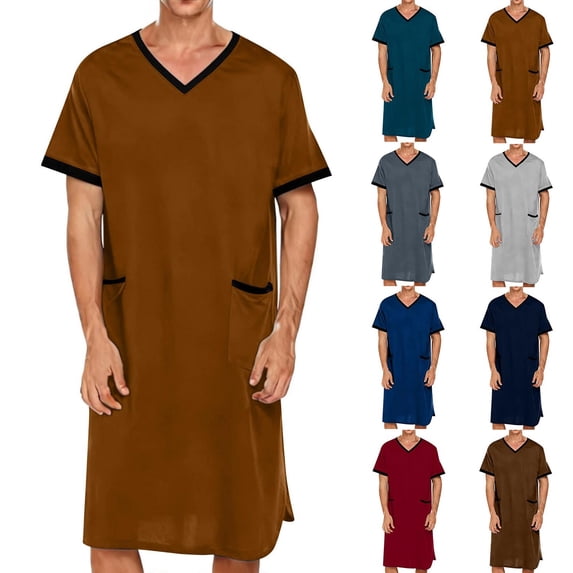 Men's Loungewear Robe Short Sleeve V-Neck Long Length with Pockets Lightweight Cotton Sleep Bathrobe Casual Home Wear Red