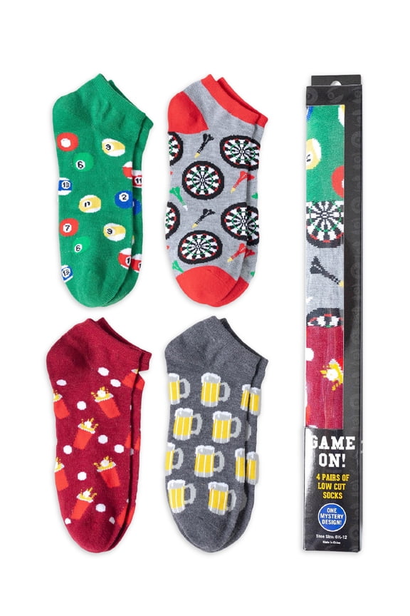 Men's Low Cut Socks, Adult Party Games Mystery Gift Box, 4-Pack, Size 6.5-12
