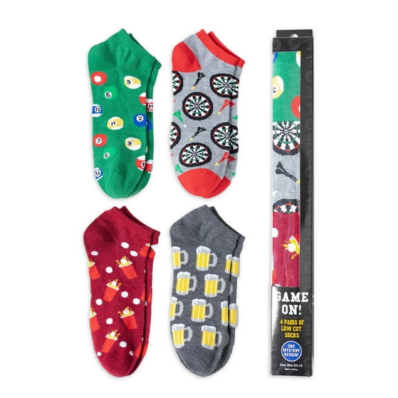 Men's Low Cut Socks, Adult Party Games Mystery Gift Box, 4-Pack, Size 6.5-12