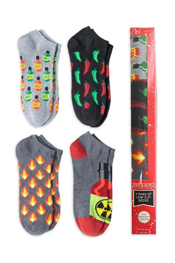 Men's Low Cut Socks, Hot Sauce Mystery Gift Box, 4-Pack, Size 6.5-12