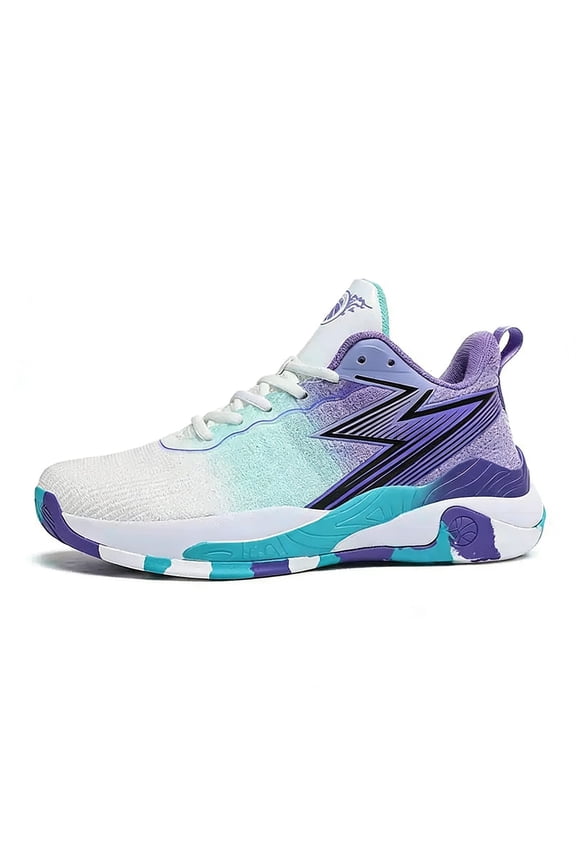 Men’s Low Top Basketball Shoes Gradient Lightning Bolt Design Lightweight Breathable Mesh Court Sneakers Non-Slip Cushioned Athletic Trainers – White Purple Teal Sport Style