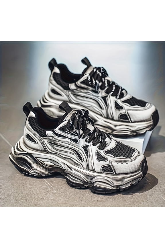 Men's Low-Top Chunky Platform Sneakers - Mesh Upper & Sole, Lace-Up Round Toe Casual Shoes Suitable for - Daily Wear,, Gym, Office - Breathable Thick Platform Footwear