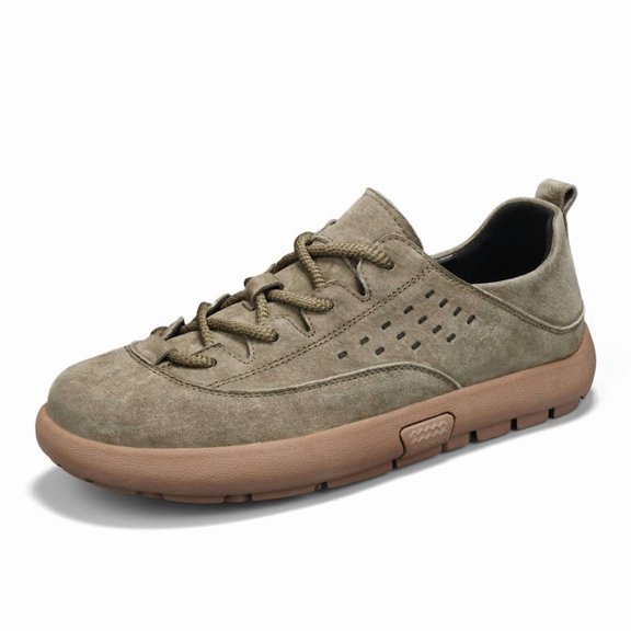Men's Low‑Top Lace‑Up Casual Walking Shoes, Textured Matte Upper Perforated Vamp Panels Built‑In Heel Pull‑Loop Rounded Wide‑Toe Shape Thick Cushioned Segmented‑Tread Outsole For City Walking Daily E