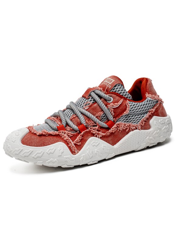 Men's Low‑Top Lace‑Up Outdoor Casual Sneakers, Reinforced Protective Toe Cap Mixed Denim‑Mesh Upper Frayed Edge Details Thick Rope‑Style Laces Rugged Multi‑Pattern Lug Outsole For Street Style And Li