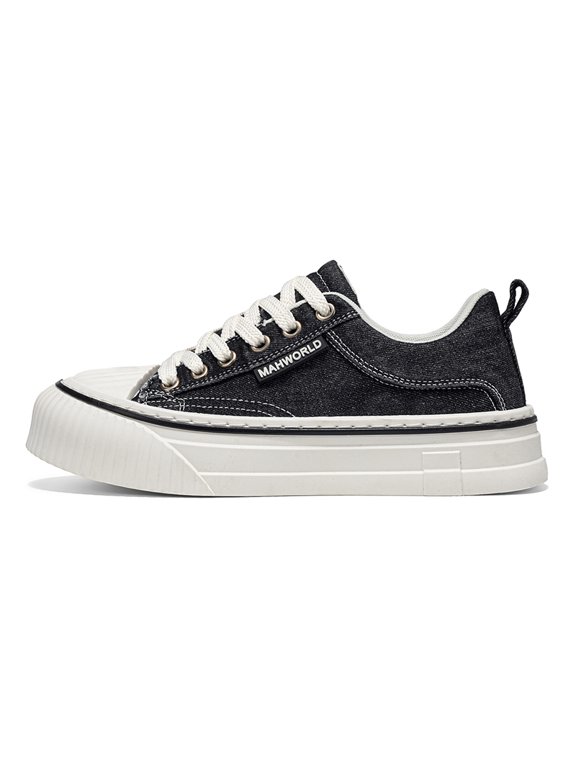 Men's Low‑Top Lace‑Up Thick Platform Canvas Sneakers, Rounded Toe Casual Lifestyle Footwear with Shell‑Shaped Toe Cap, Side Tag Ornament and Layered Chunky Outsole for Daily Street Occasions