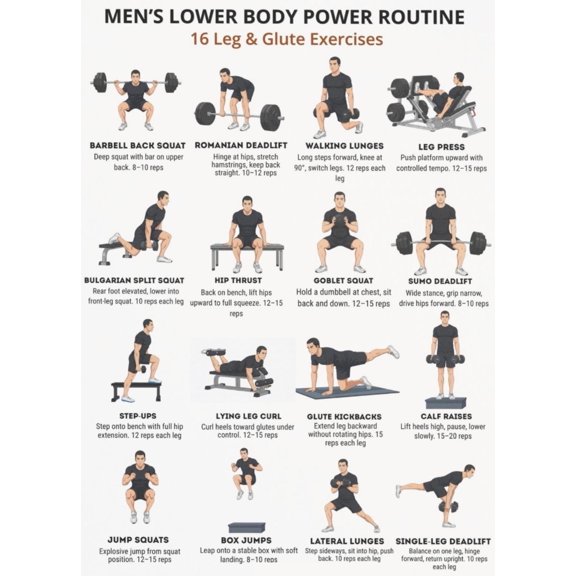 Men's Lower Limb Training Daily Leg Training Poster 16 Exercise Chart Poster Hip And Leg Training Plan Gym Training Table Poster