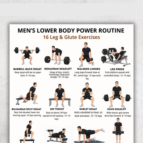 Men's Lower Limb Training Daily Leg Training Poster 16 Exercise Charts Hip And Leg Training Plan Gym Training Table Poster poster