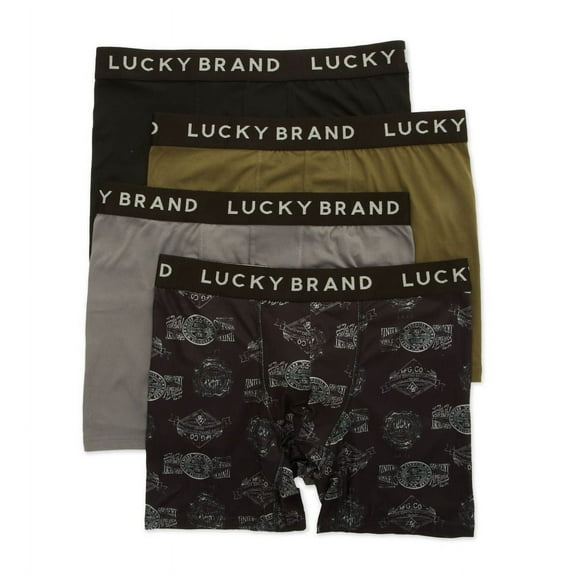 Men's Lucky 241PB25 Essential Soft Boxer Briefs - 4 Pack (Black/Leaf/Print/Grey M)