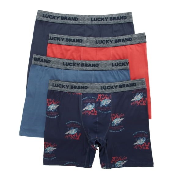 Men's Lucky 241PB25 Essential Soft Boxer Briefs - 4 Pack (Indigo/Red/Print M)