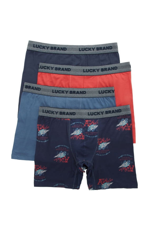 Men's Lucky 241PB25 Essential Soft Boxer Briefs - 4 Pack (Indigo/Red/Print M)