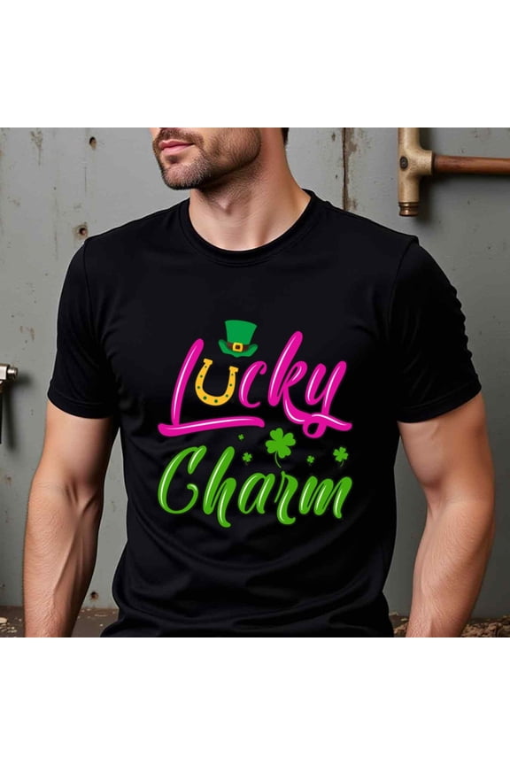 Men's Lucky Charm St. Patrick's Day T-Shirt - Black with Pink & Green Lettering - Heavyweight sm Cotton Crew Neck Tee - Irish Party Shirt for St. Paddy's, Christmas, Valentine's, Father's Day -